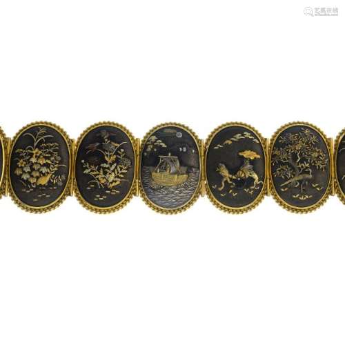 A late 19th century 15ct gold mounted Shakudo bracelet.