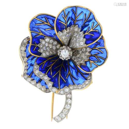 A diamond and plique-a-jour enamel pansy brooch. The