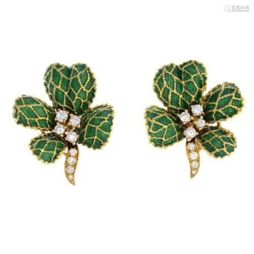 A pair of 1960s 18ct gold diamond and enamel earrings.