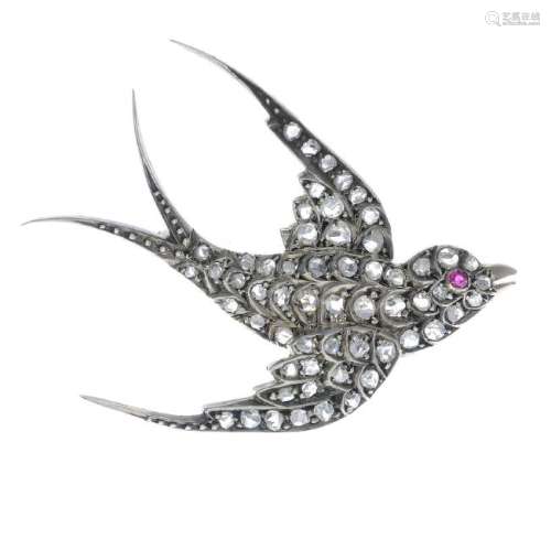 A diamond bird brooch. Designed as a rose-cut diamond