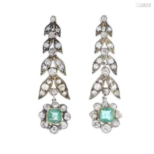 A pair of 19th century silver and gold emerald and