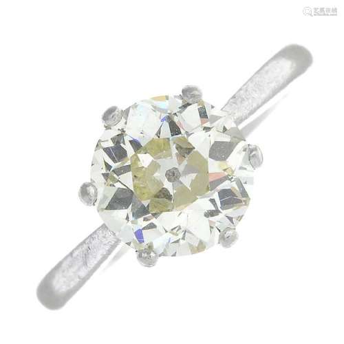 A diamond single-stone ring. The old-cut diamond, with