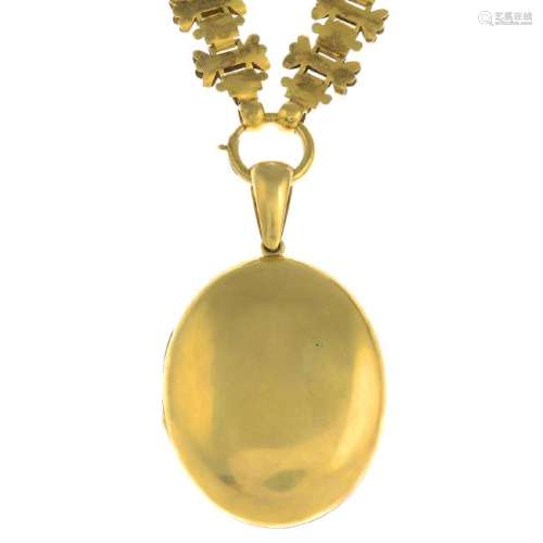 A late 19th century gold locket and collar. The plain