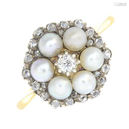 A diamond and seed pearl ring. Of hexagonal outline,