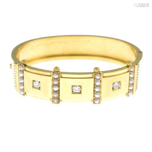 A late Victorian gold, diamond and split pearl hinged