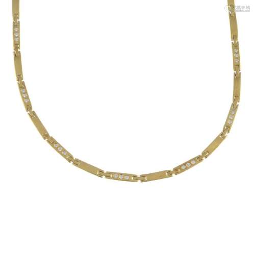 A diamond necklace. Comprising a bar-link chain, with