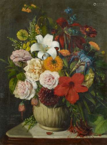 Cuadra, Manuel de la - 2. H. 19. Jh.Blumenstillleben. Öl auf Leinwand. Doubliert. 58 x 44,5cm.