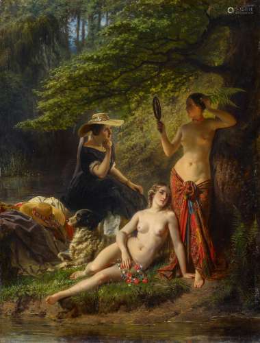 Dillens, Adolf1821 Gent - 1877 BrüsselDrei Damen am Waldsee. Öl auf Holz. 77 x 58,5cm. Signiert