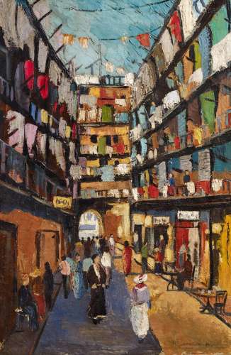 Französischer Meister - um 1900Belebte Straße in einer nordafrikanischen Stadt. Öl auf Leinwand.