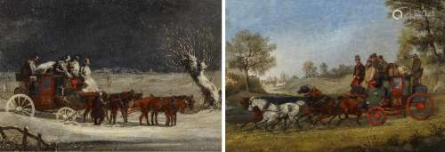 Alken, HenryLondon 1785 - 1851Zwei Gemälde: Postkutsche im Sommer. Sowie Postkutsche im Winter.
