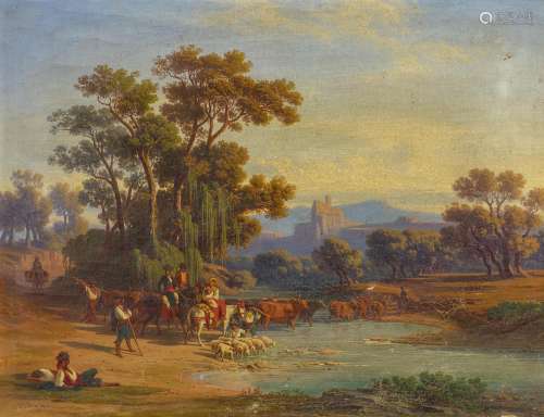 Frey, Johann Jakob1813 Basel - 1865 FrascatiHirten an der Furt in der italienischen Campagna. Öl auf