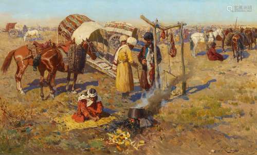 Roubaud, Franz1856 Odessa - 1928 MünchenDie Rast in der Steppe. Öl auf Leinwand. 46,5 x 76,5cm.