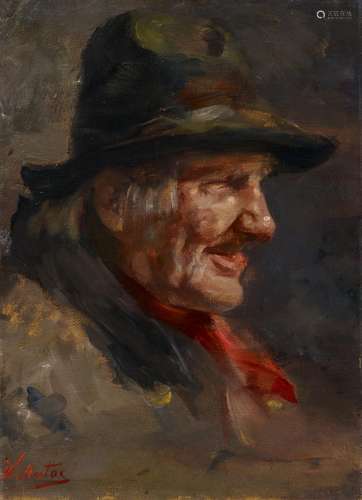 Vikatos, Spyros1874 Argostolion - 1960 AthenPortrait eines Herrn mit Hut und rotem Halstuch. Öl