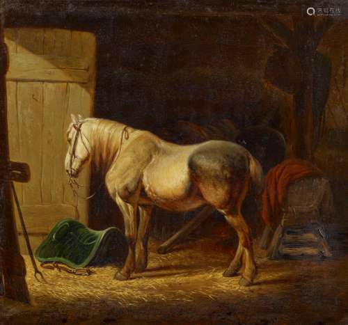 Tschaggeny, Charles PhilomèneBrüssel 1815 - 1894Pferde im Stall. Öl auf Holz. 25 x 27cm. Signiert