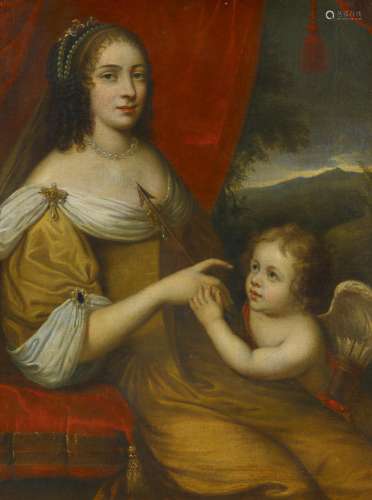 Französischer Meister - 18. Jh.Porträt einer Hofdame mit einem kleinen Amor. Öl auf Leinwand.