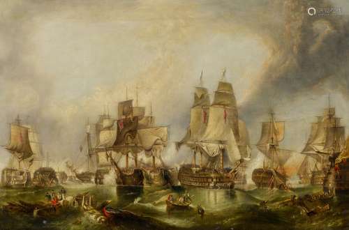 Englischer Meister - 19. Jh.Schlacht bei Trafalgar. Öl auf Leinwand. Doubliert. 60,5 x 91,5cm.