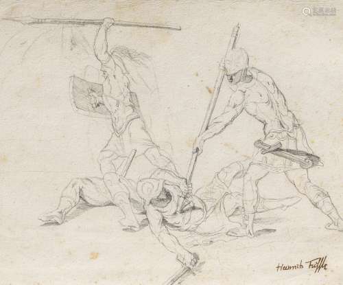 Füssli, Johann Heinrich1741 Zürich - 1825 LondonKämpfende Soldaten. Bleistift auf Bütten.