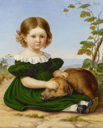 Ries, Wilhelmerwähnt 1834 in SiegburgPorträt eines kleinen Mädchens mit ihrem Hund. Öl auf Leinwand.