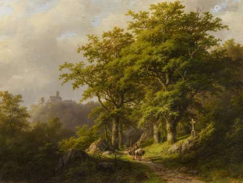 Klombeck, Johann BernhardKleve 1815 - 1893Landschaft mit Waldweg und Burg. Öl auf Holz. 48 x 62cm.