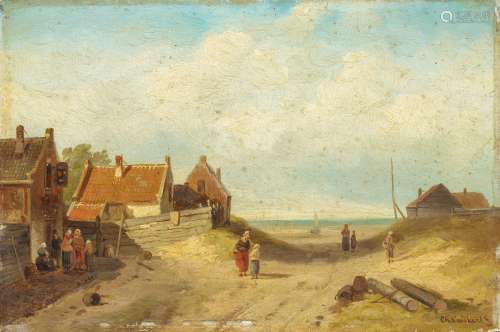 Leickert, Charles1818 Brüssel - 1907 MainzHolländisches Fischerdorf am Meer. Öl auf Holz. 16,5 x