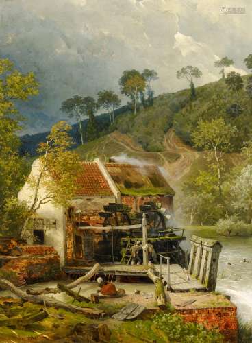 Achenbach, Andreas1815 Kassel - 1910 DüsseldorfHessische Wassermühle. Öl auf Holz. 63,5 x 47,5cm.
