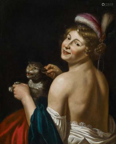 Holländischer Klassizist - um 1650Junge Dame mit Katze. Öl auf Leinwand. Doubliert. 83,5 x 68cm.