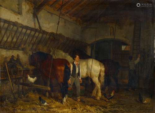 Kuyck, Jean-Louis van1821 - 1871Im Pferdestall. Öl auf Holz. 40 x 60,5cm. Signiert und datiert unten