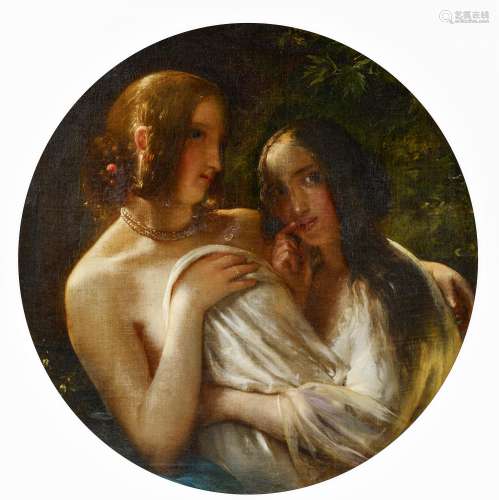 Französischer Meister - 19. Jh.Zwei junge Damen im Park. Öl auf Leinwand. 66 x 66cm. Rahmen.