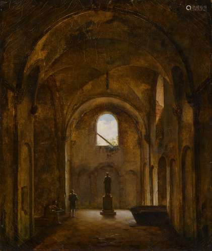 Dresdener Schule - 1. Viertel 19. Jh.Maler im Inneren einer alten romanischen Kapelle (