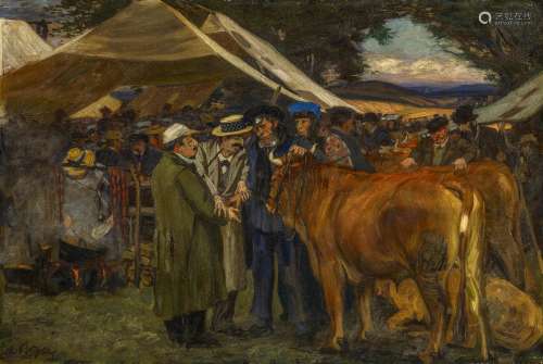 Boyer, Otto1874 Uckendorf - 1912 JenaDer Kuhhandel. Viehmarkt auf dem Hunsrück. Öl auf Leinwand.