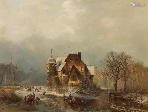 Hilgers, CarlDüsseldorf 1818 - 1890Zahlreiche Personen auf dem Eis vor einem alten