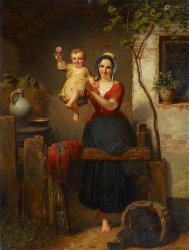 Verheyden, Francois1806 Löwen - 1889 BrüsselMutter und Kind. Öl auf Holz. 80 x 60cm. Signiert und
