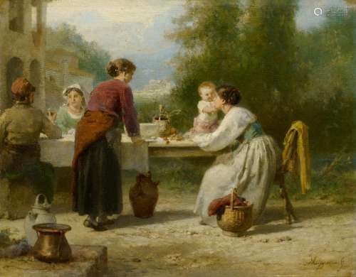 Philippeau, Karel Frans1825 Amsterdam - 1897 PricenhageFamilie am Gartentisch. Öl auf Holz. 19 x