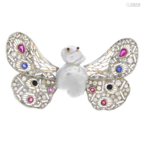 A natural pearl, diamond and gem-set butterfly brooch.