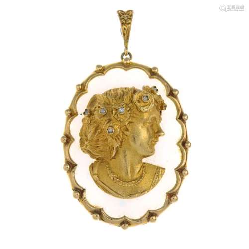 A chalcedony and diamond pendant. The central panel,