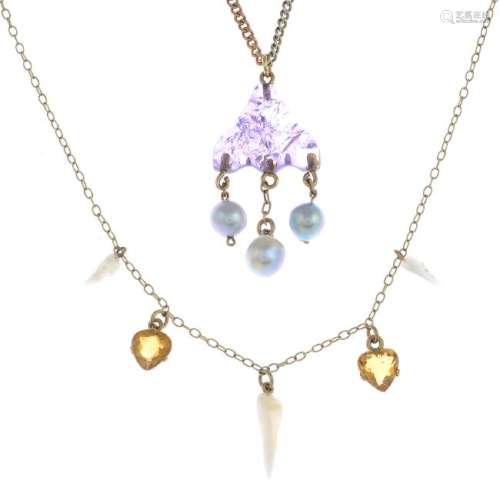 Two gem-set necklaces. To include a free form amethyst