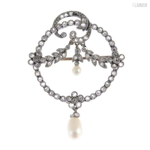 A diamond and cultured freshwater pearl brooch. The