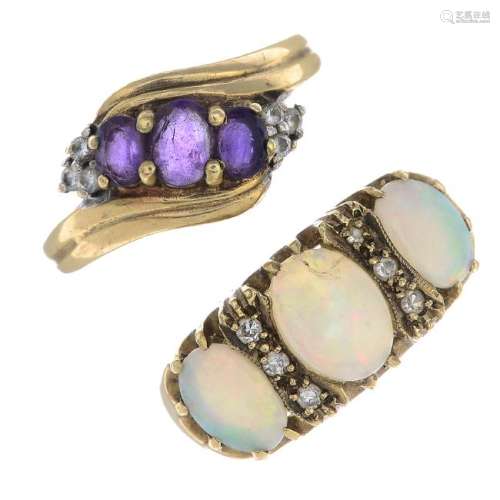 (64290) A 9ct gold band ring and three 9ct gold gem-set