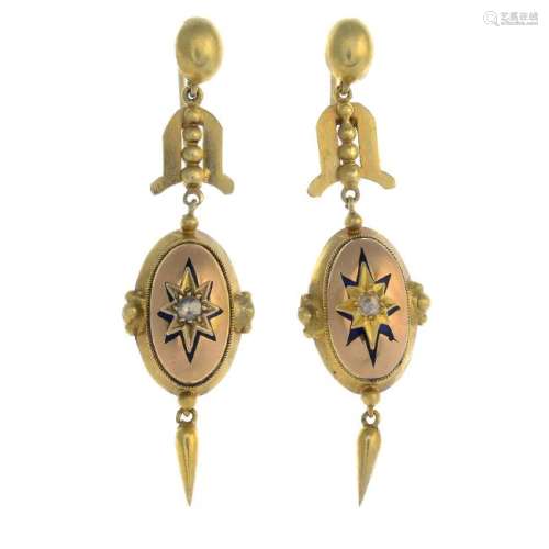 A pair of diamond and enamel earrings. Each designed as