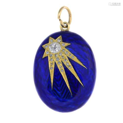 A diamond and enamel locket. The blue enamel front,