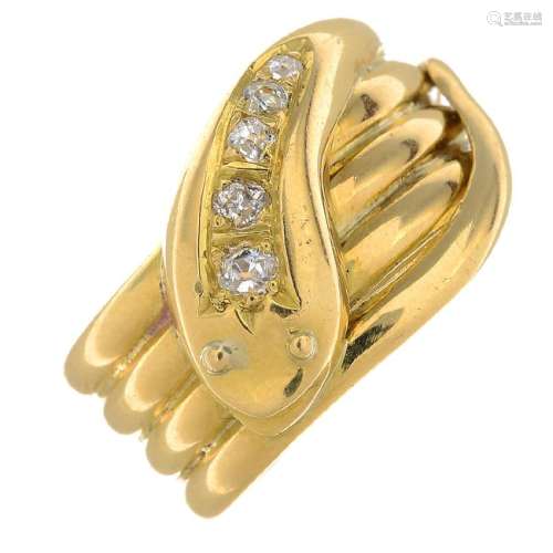 A early 20th century 18ct gold diamond snake ring.