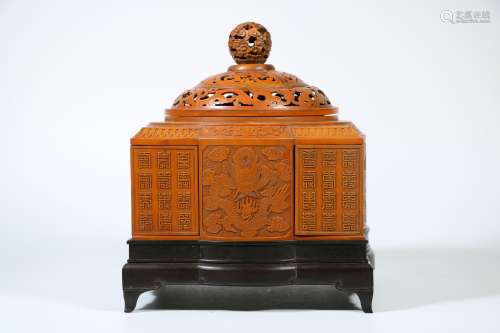 A Chinese Carved Bamboo Square Incense Burner
