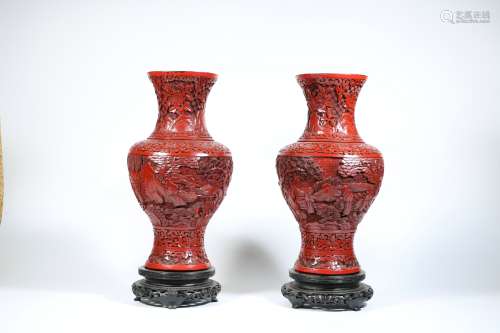 A Pair of Chinese Carved Tixi Lacquer Vases
