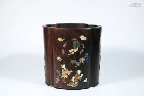 A Chinese Zitan Brush Pot with Inlaid