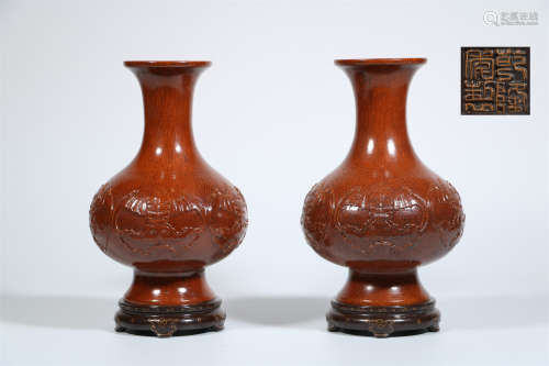 A Pair of Chinese Red Glazed Porcelain Vase