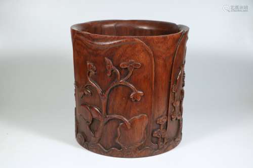 A Chinese Carved Huanghuali Brush Pot