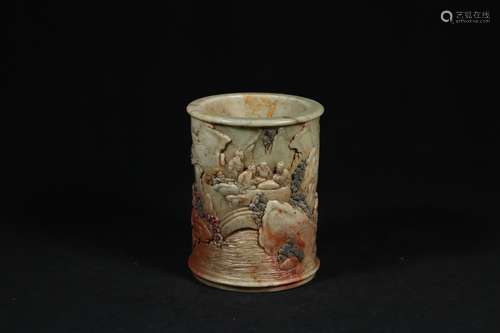 A Chinese Carved Shoushan Brush Pot