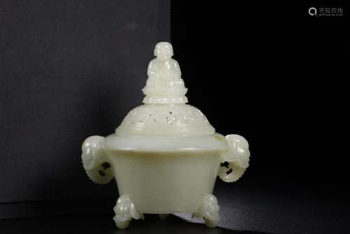 A CARVED WHITE JADE ELEPHANT HEAD CENSER AND COVER.QING