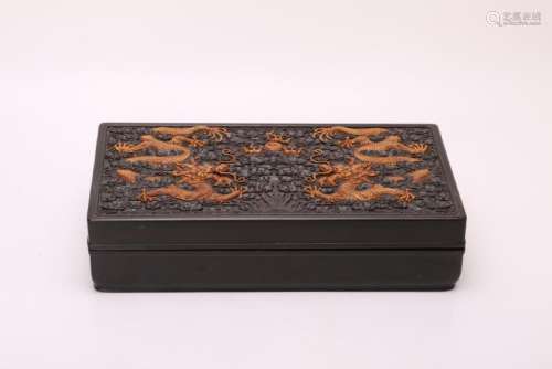 A CARVED HUANGHUALI INLAID ZITAN DRAGON BOX AND