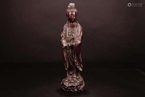 A CARVED ZITAN GUANYIN.ANTIQUE